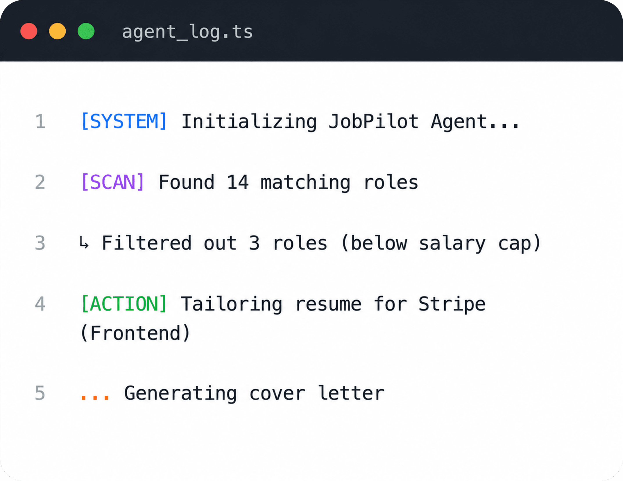 Ash Hire agent log showing a job search and resume preparation